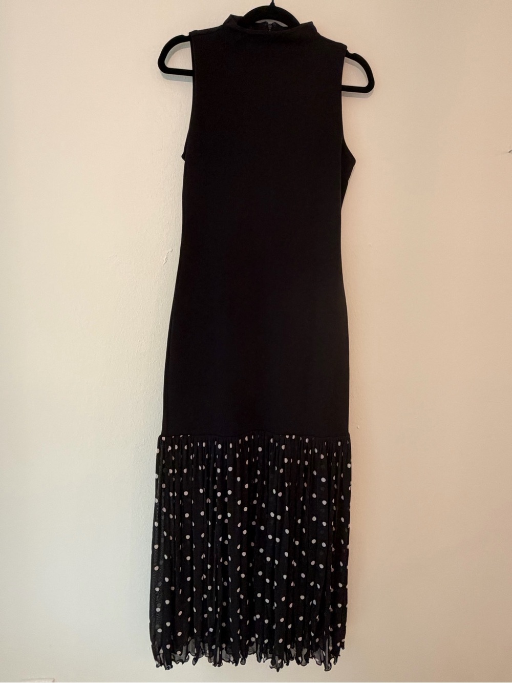 7 For All Mankind Black Polka Dot Pleated Mock Neck Midi Dress NWT